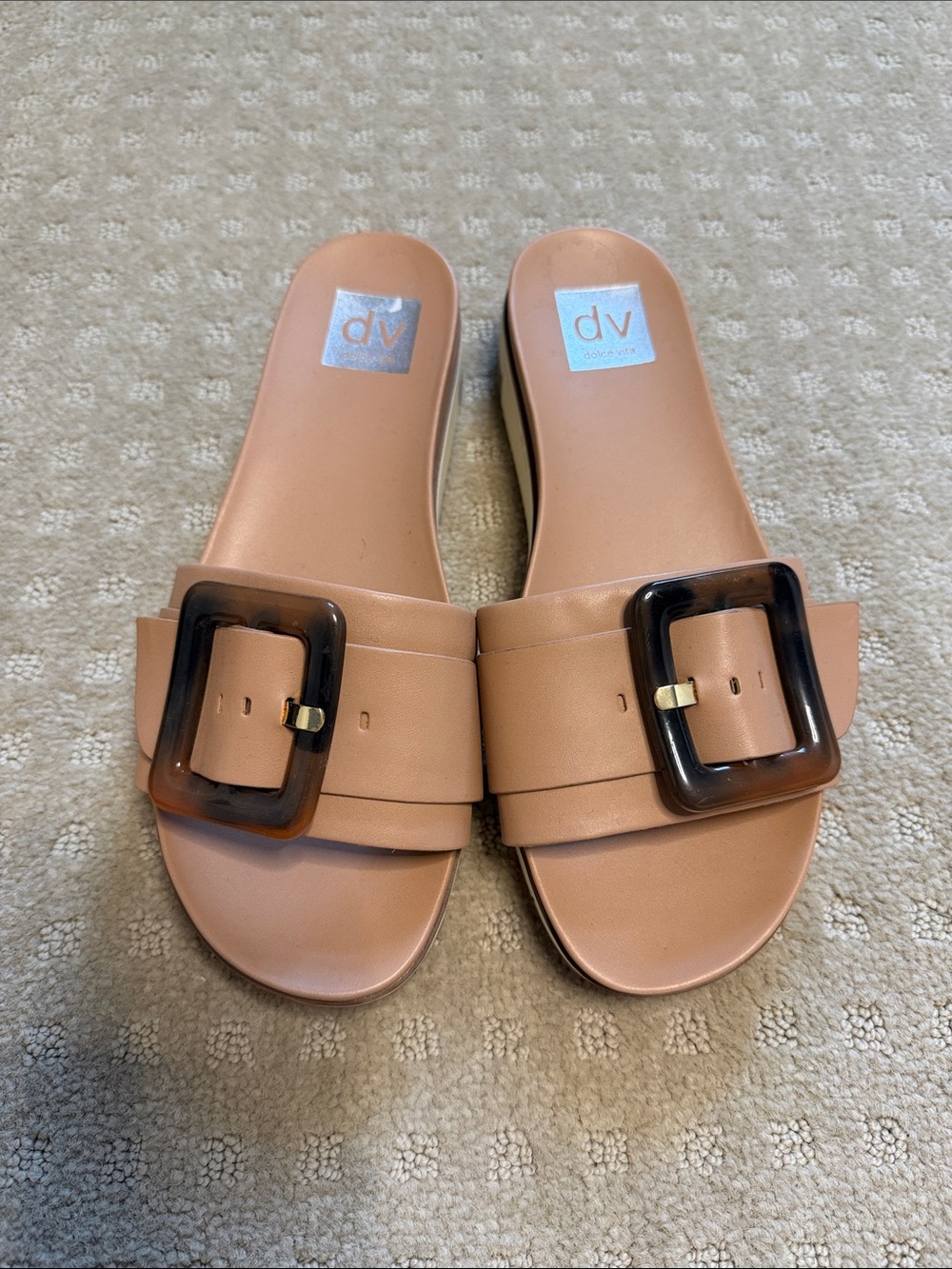 DV by Dolce Vita Nude/Tan Slide Sandals with Tortoiseshell Buckle